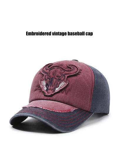 1pc Vintage Washed Denim Patchwork Embroidery Baseball Cap, Casual Street Style, Spring/Autumn