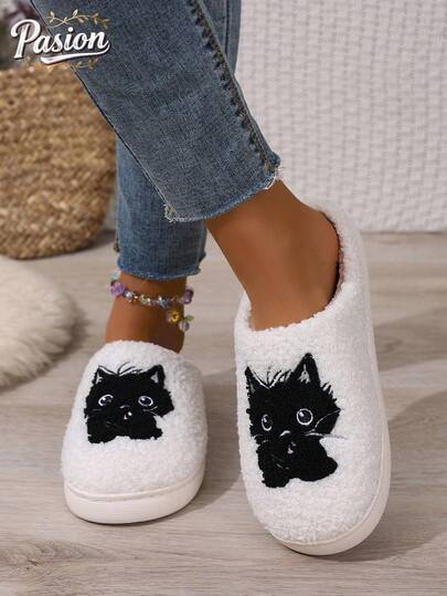 Women's Plush Cat Embroidered Slippers, Cute Indoor Non-Slip Warm Comfortable Bedroom Thermal Slippers, Winter