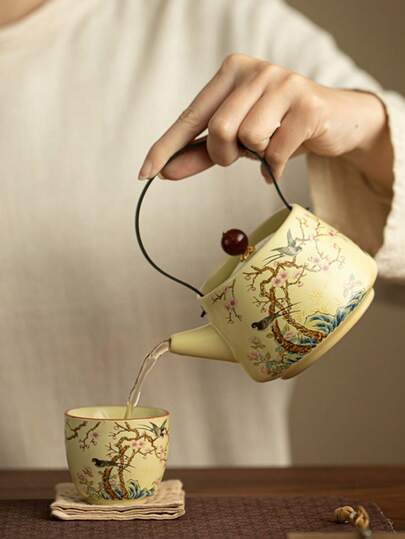 1 bucată/2 bucăți de cești de ceai chinezești bej Ruyao cu flori și păsări, modele de sat, cești de degustare a ceaiului, seturi de ceai Kungfu, divertisment în familie, petreceri și cine festive, cadouri de casă nouă, cadouri de laudă, cadouri de Crăciun, cadouri de Anul Nou, cadouri pentru Festivalul de primăvară chinezesc