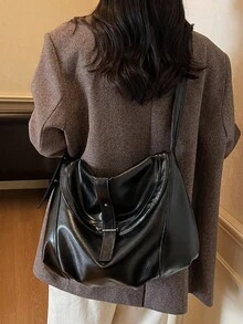 Fashionable And Personalized Buckle Design Women's Shoulder Bag, High-End Atmosphere Simple Solid Color Adjustable Shoulder Strap Crossbody Bag, New Autumn And Winter Brown Tote Bag, Suitable For College Students' Daily Travel Shopping, Lightweight Large Capacity Storage Commuter Bag