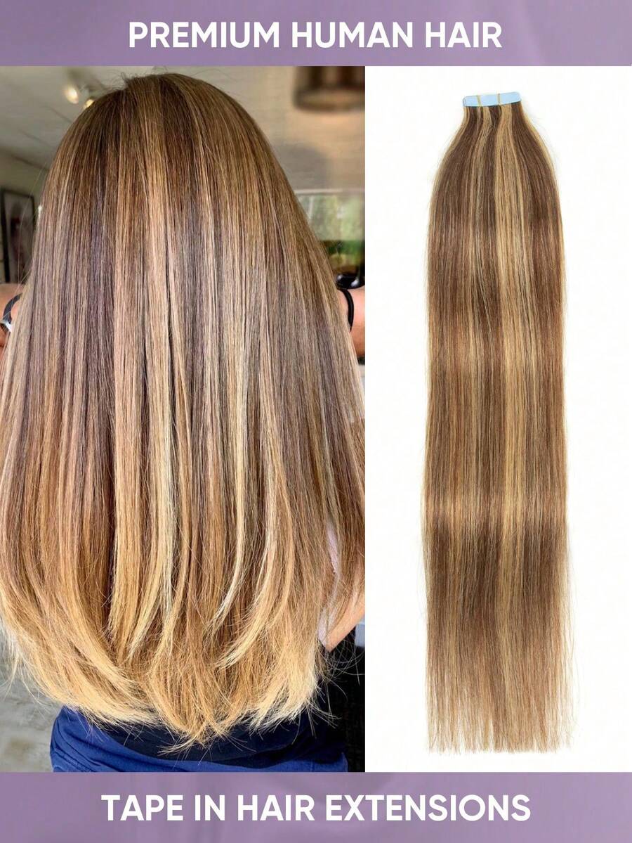20pcs Tape-In Hair Extensions, Real Human Hair, 14-22 Inches, Painless Double-Sided Tape-In, Invisible Tape-In Hair Extensions, Straight, Suitable For Party, Halloween Costumes
