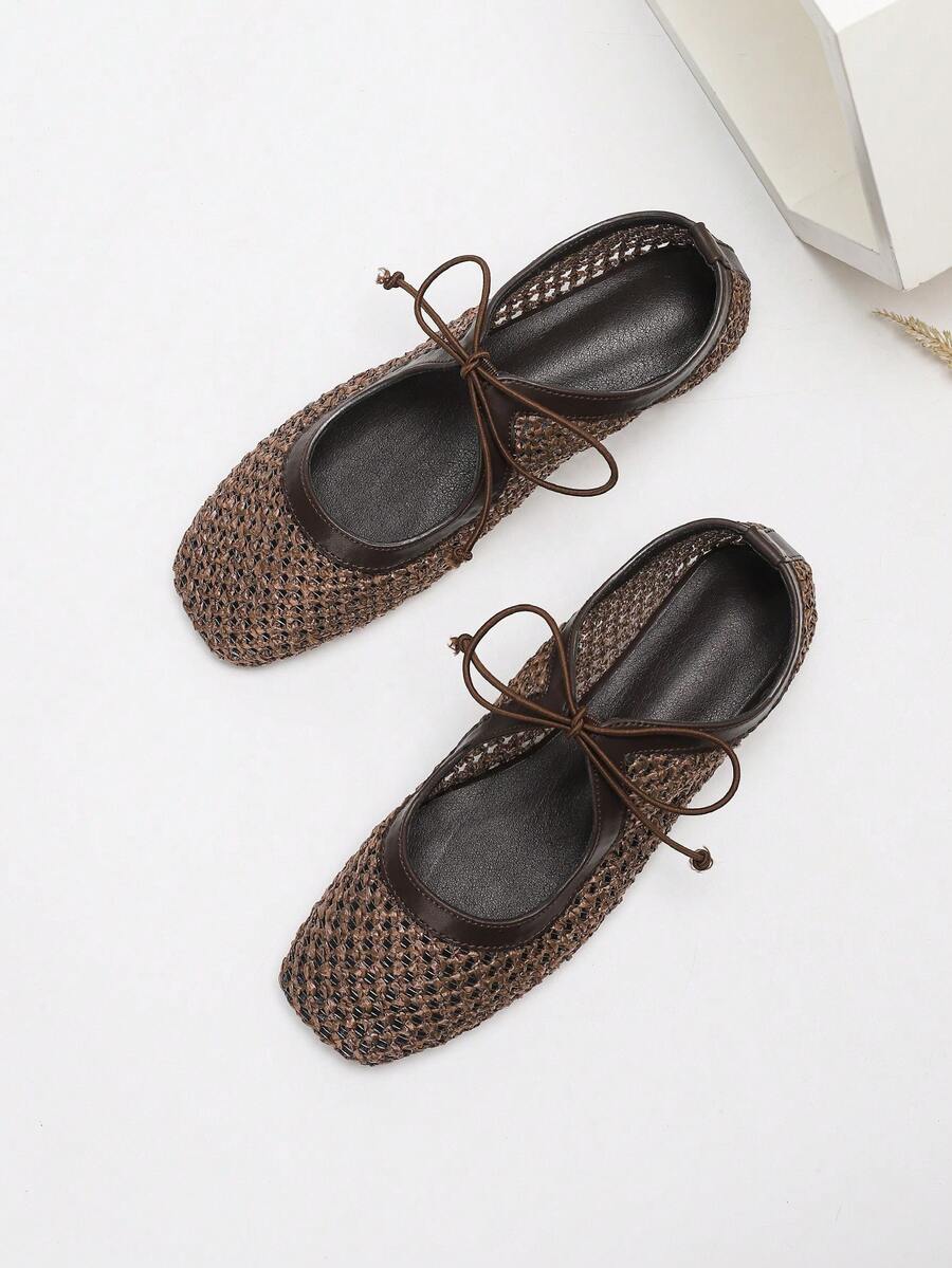 女士编织镂空透气平底鞋,蝴蝶结系带方头芭蕾平底鞋,轻便舒适,休闲百搭,适合度假穿着,日常/海滩皆宜 - 棕色 - 查看 1