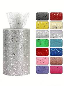 10码6英寸闪光薄纱卷，柔软薄纱丝带，适用于派对装饰、DIY工艺品、芭蕾舞裙配饰、婚礼背景、舞台装饰、缝纫网纱、婚礼配饰、生日派对装饰、宴会活动装饰、婚礼椅DIY装饰、婴儿派对装饰、礼品包装蝴蝶结丝带 - 彩色 - 查看 1