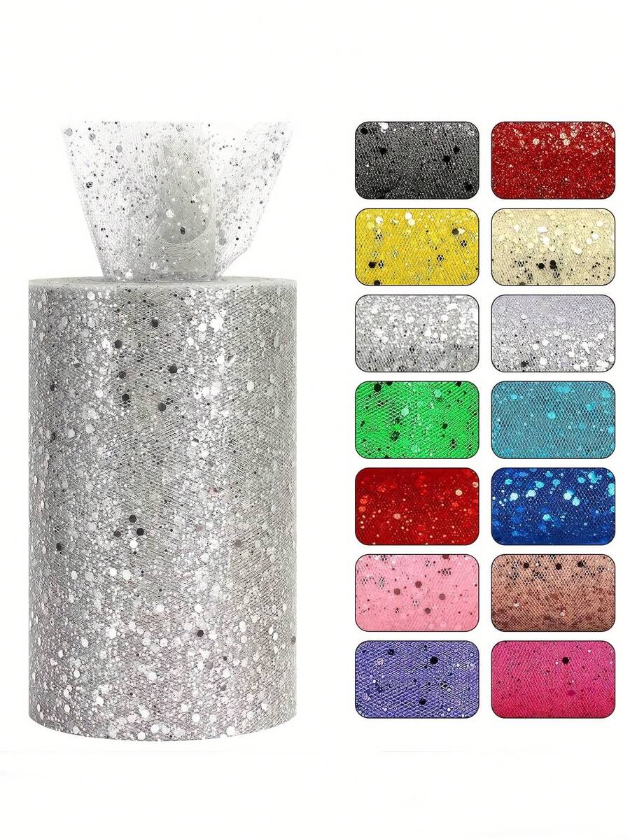 10码6英寸闪光薄纱卷,柔软薄纱丝带,适用于派对装饰、DIY工艺品、芭蕾舞裙配饰、婚礼背景、舞台装饰、缝纫网纱、婚礼配饰、生日派对装饰、宴会活动装饰、婚礼椅DIY装饰、婴儿派对装饰、礼品包装蝴蝶结丝带 - 彩色 - 查看 1