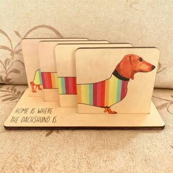 一套4个时尚创意木制彩虹腊肠犬过山车艺术杯垫，独特木制工艺杯垫，家居装饰桌面配件
