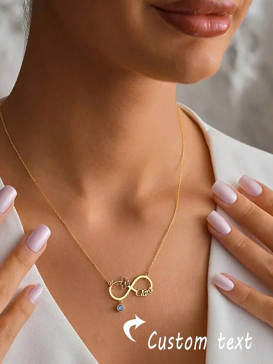 1pc Customized Birthday Flower Name Infinity Symbol Necklace, Women's Stainless Steel Gold Birthday Stone Pendant Necklace, Birthday Party Jewelry Gift - Multicolor - View 1