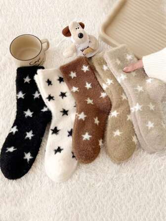3 Pairs Thermal-Lined Warm Socks For Women, Thickened Crew Star Pattern, Suitable For Home, Sleep, Floor, Random Color Delivery, Winter, Cozy Socks