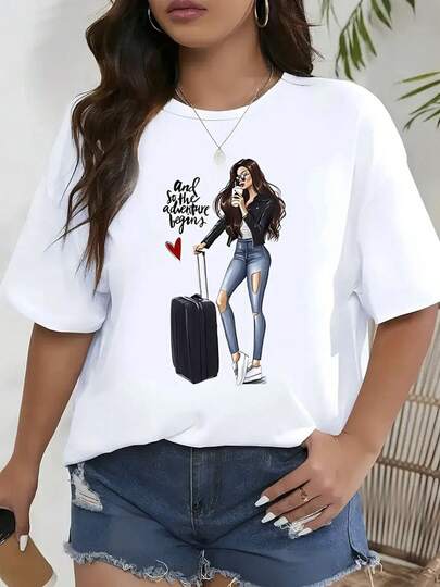 1 unidad, playera 100% algodón, estampado de viaje es mi aventura favorita, transpirable, fresca y absorbente de sudor, cuello redondo, manga corta, para deportes al aire libre, regalo de temporada para mujer