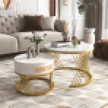 2-In-1 Round MDF Coffee Table, Side Table With Wood Top And Plastic Rattan Drawers, Solid Wood Handles, Gold Iron Legs. 70*70*45.5+50*50*38.5 - White + MDF - View 1