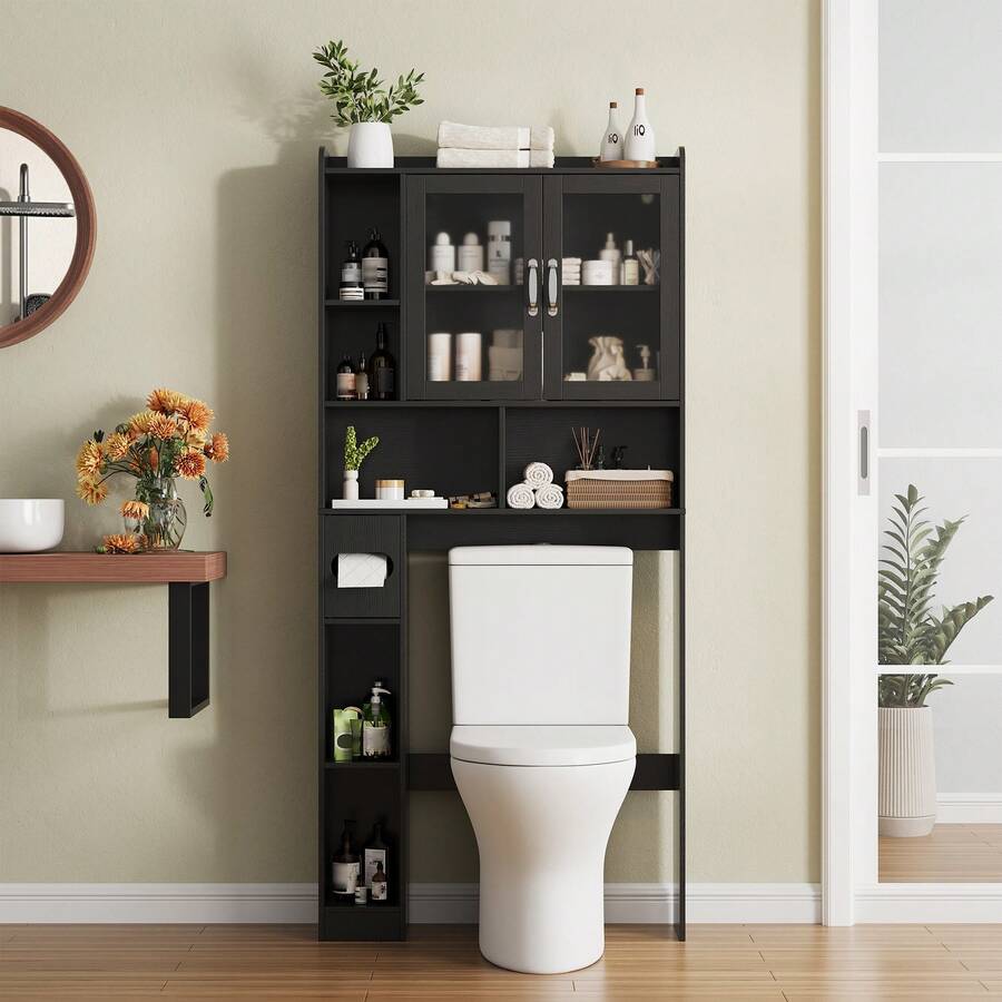 Vabches Over The Toilet Storage Cabinet, Over Toilet Bathroom Organizer With Multiple Storage Shelves, Toilet Paper Holder And 2 Acrylic Doors, Space-Saving Toilet Rack For Bathroom, Laundry, Restroom - màu đen - Xem 1