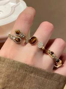 1 Set Of 3 Vintage Gold & Coffee Color Rings, Fashionable High-End Unique Open Ring Set For Women - 3892 Set - View 15