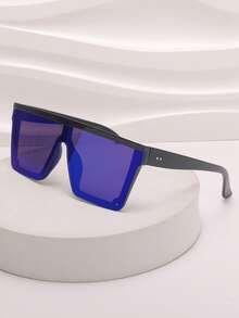 1pc Square Large Frame Rivet Connected Lens Fashion Fashion Glasses, Unisex Suitable For Street, Beach, Party, Travel, Gift - Navy Blue - View 5