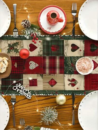 1pc, Patchwork Plaid Pattern Printed Table Runner For Christmas Quilt Style Vintage Festive Polyester Long Cloth With Clear And Durable Designs, Home Decor Suitable For Family Dinners Winter Celebrations Hotel Restaurants Holiday Arrangements, Christmas Table Decor, Festive Dining Setup, Seasonal Home Decoration, Retro Holiday Design,Decorative Table Cover