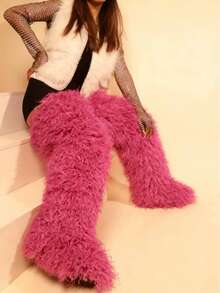 2025冬季新款时尚女式72厘米过膝长靴，羊皮毛过膝雪地靴