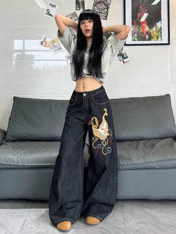 1pc Women's Retro American Street Style Embroidered Wide Leg Jeans, Loose & Comfortable Casual Pants, Versatile For All Seasons (Belt/Accessories Not Included)