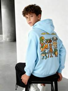 1件装青少年男童休闲印花套头卫衣，保暖内衬，长袖，秋冬季，学生/青少年服装 - 淺藍色 - 查看 7