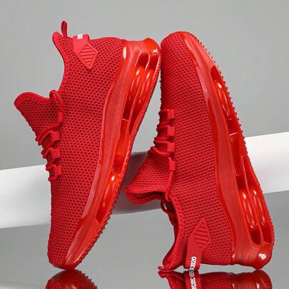 1 Pair Men's Breathable Knit Sneakers - Casual Lace-Up Running Shoes, With Air Cushion, Non-Slip PVC Outsole, Fabric Upper, Lining And Insole, Synthetic Sole, Solid Color, Suitable For All Seasons