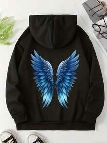 Gray Hoodie With Blue Angel Wings Print Women's Casual Sweatshirt Long Sleeve Pullover Coat For Autumn Winter Fashion Outwear - Đen và trắng - Xem 2