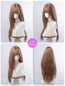 SHUDUO 1顶合成耐热直发棕色假发，纤维材质，适合日常佩戴，自然逼真（不含配饰） - 棕色 - 查看 7