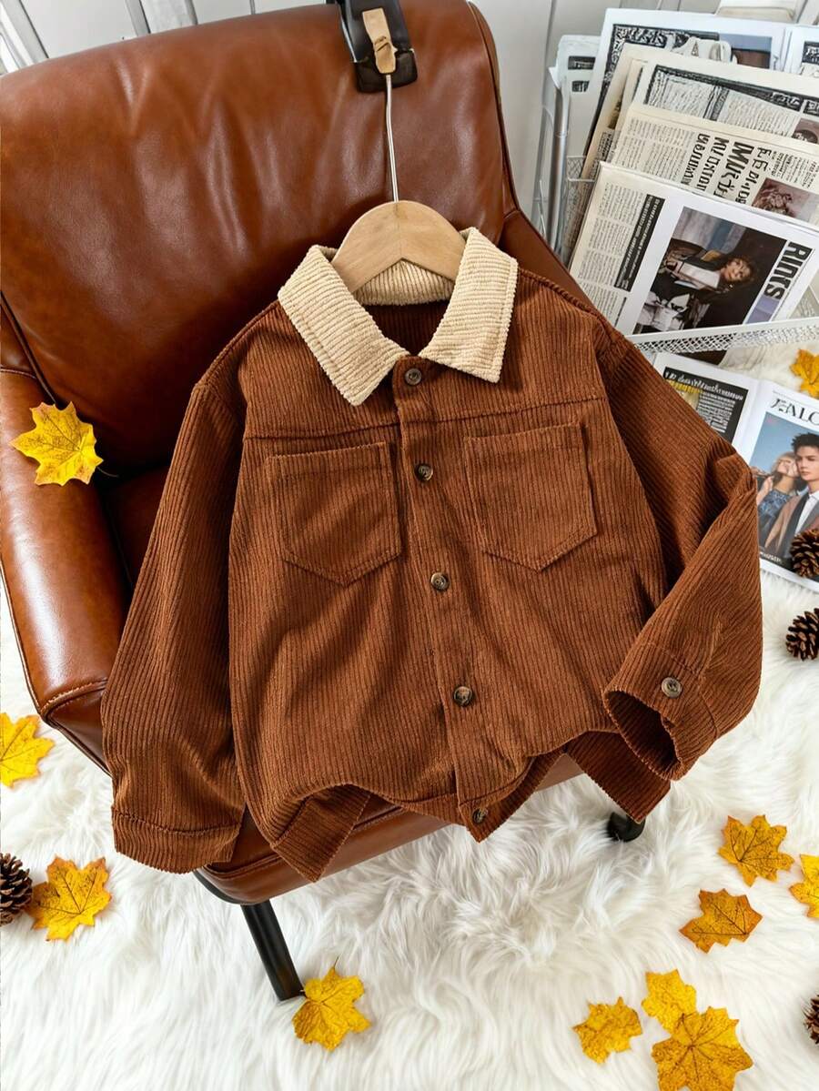 1件男童休闲灯芯绒撞色翻领外套，秋冬季 - 棕色 - 查看 1