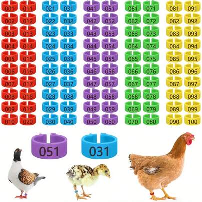 100 Stück 16mm nummerierte Geflügelbeinbänder mit gerilltem Farbdesign, für das Management von Nutztieren auf dem Bauernhof