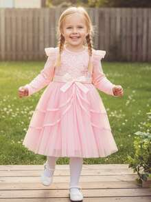 Toddler Dress Girls Ruffle Long Sleeve Layered Tulle Dress Fall Spring Fashion Party Dresses 3-10T, Kids Holiday Birthday Wedding Outfit - Hồng - Xem 3