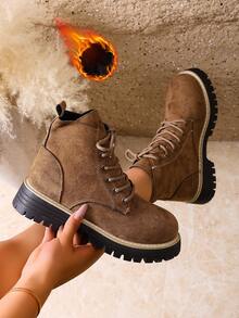 女士复古牛仔靴，厚底机车靴，秋冬百搭保暖厚底靴，休闲时尚保暖踝靴 - 棕色 - 查看 19