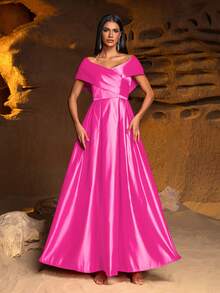 Faeriesty Vestido de Festa de Outono com Saia de Cetim Oversized de Comprimento Longo e Ombros à Mostra para Mulheres - Pink - Visão 4