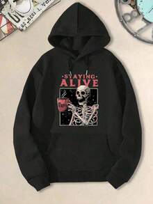 Womens Fashion Oversized Hoodies Sweatshirts Black White Options, Fall Casual Pullover Sweaters Winter Clothes, Skeleton Holding Coffee Cup Funny Graphic Letter Print Plus Size Hoodie Unisex Hoodies Long Sleeve Pocket Pullover, Holiday Gift For Women - 黑色 - 查看 2