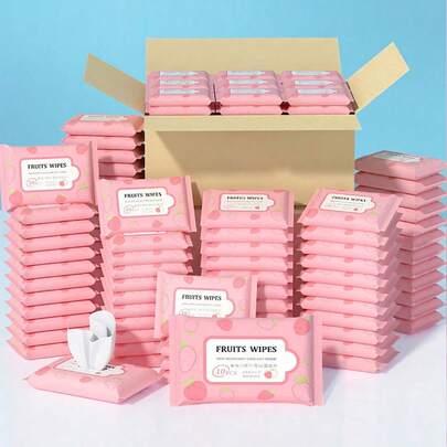 10/50/100pcs Strawberry Pattern Mini Portable Wet Wipes, Non Woven Cleaning Wipes, Mini Small Package Wet Wipes, Do Not Contain Alcohol, Used For Daily Item Cleaning, Essential For Travel And Business Travel, Body Care Wet Wipes, Easy To Carry, Outdoor Travel Accessories