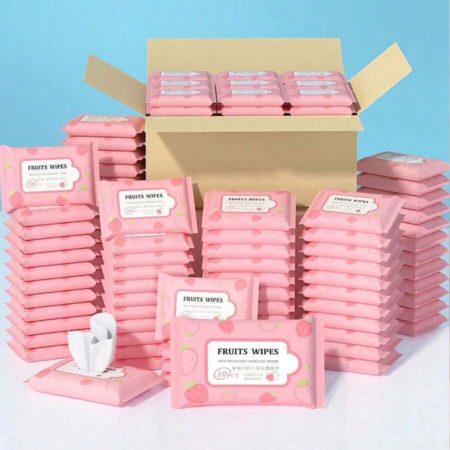 10/50/100片装草莓图案迷你便携湿巾，无纺布清洁湿巾，迷你小包装，不含酒精，用于日常物品清洁，旅行和商务出行必备，身体护理湿巾，方便携带，户外旅行配件 - 草莓圖案 - 查看 1