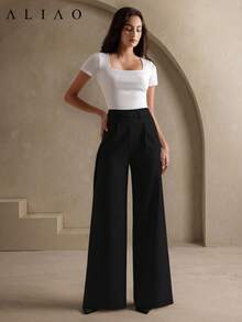 High Waist Solid Color Wide Leg Pants, Elegant, Business Casual, Court Style, Modest, Business Casual, Spring, Going Out - Black - View 5