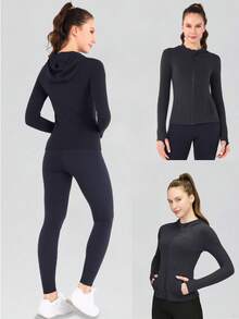 Women's Spring/Summer Hooded Sports Jacket, Winter Women's Jacket, Fashionable Yoga, Outdoor Running, Commuting, Elastic Comfort, Back Shaping, Abdominal Shaping, Slimming And Fitness, Running Sportswear, Zipper Elasticity, Minimalist Fashion, Sexy, Slim Fit, Long Sleeved Yoga Jacket - 藏蓝色 - 查看 6