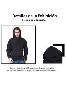 Sudadera con capucha y cordón para hombre, sudadera informal para hombre, sudadera con capucha unisex, sudadera con capucha sencilla de color liso - Negro - Ver 8