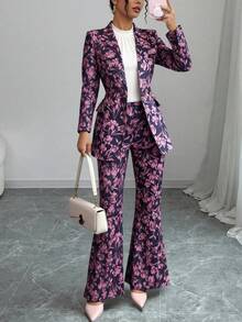 Traje de Vestir Mujer con Estampado Floral, Chaqueta y Pantalones Campana, Moda Elegante para Oficina y Eventos - Rosa - Ver 1