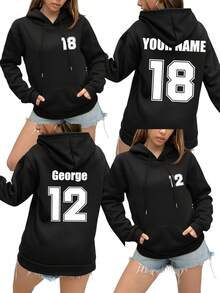 Customized Women's Hooded Fleece Sweatshirt, Customized Front And Back, Can Be Personalized With Your Number Logo, Name/Text/Lucky Number, Black Sweatshirt, Customized With Your Own Sports Logo Number