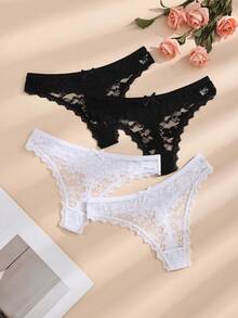 4pcs/Pack Women's Black & White Sexy Lace Patchwork Butterfly Thong Panties, Seamless & Stretchy - Black and White - View 5