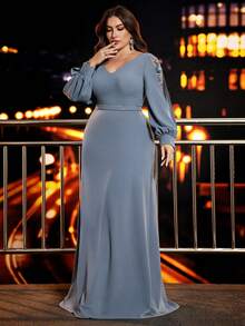 BluePlum Plus Size Elegant Long Solid Color V-Neck Long Sleeve Applique Women's Evening Gown (Embellished) - Dusty Blue - View 6