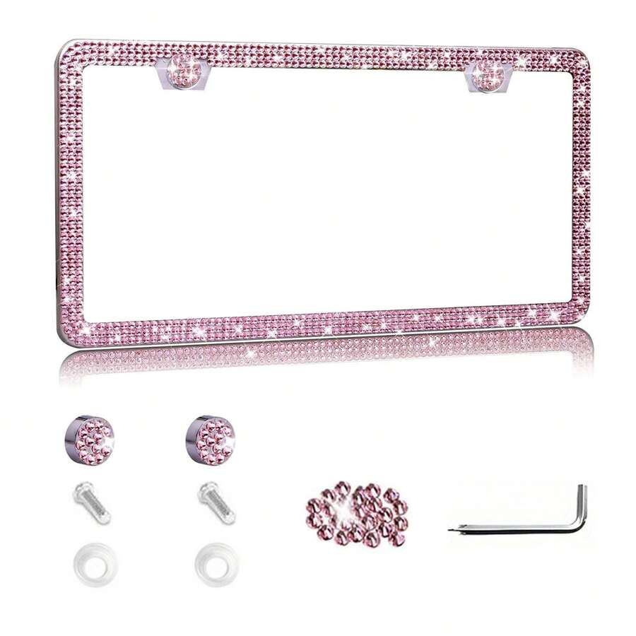 1PCS/2PCS Diamond Glitter Stainless Steel License Plate Frame, Ladies Car Decor, Comes With Easy Installation Kit And Start Button Sticker, For Car And SUV, American License Plate Standard, Fashion Accessory, Stylish Car Decor, Birthday, Holiday Gift - 粉紅色1pcs - 查看 1