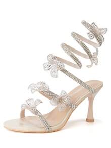 RevReaL Rhinestone Floral Lace-Up Heeled Sandals沙灘搭扣水鑽 - 米色 - 查看 2