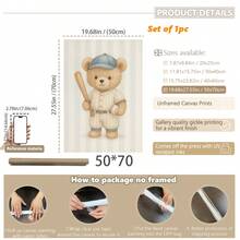 1pc, Canvas Wall Art, Framed Nursery Wall Decor, Teddy Bear Baseball Theme Painting, Teddy Bear Basketball Theme Painting, Teddy Bear Soccer Theme Painting, Sports-Themed Nursery Decor, Suitable For Children's Room Decor, Animal-Themed Nursery Art, Blue Striped Design Playroom Decor, Children's Room Artwork, Nursery Decorative Painting, Kindergarten Decor, Sports Enthusiast Decor Gift, Playroom Decor, Maternity Room Decor