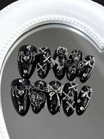 10 Long Almond Shaped Press On Nails, Adorned With Dark Punk Halloween Gothic High-End Metal Bows, Suitable For Office Workers, Students, Party Girls, And Nail Supplies Of All Seasons. Comes With 1 Jelly Gel And 1 Nail File.
