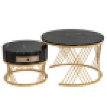 2-In-1 Round MDF Coffee Table, Side Table With Wood Top And Plastic Rattan Drawers, Solid Wood Handles, Gold Iron Legs. 70*70*45.5+50*50*38.5 - Black + MDF - View 3