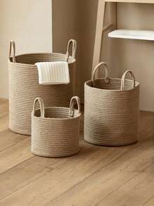Cotton Rope Woven Laundry Basket, Nordic Style Toy Storage Bucket With Handle, Desktop Organizer Basket, Home Supplies Storage Basket, Bathroom Accessories Basket (Please Note The Size)