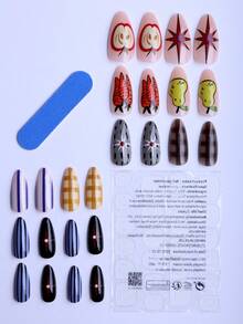 24 piezas de uñas postizas con forma de almendra, estilo pastoril de frutas y verduras para fiestas, zanahoria de dibujos animados con tablero de ajedrez amarillo, pera amarilla, estrella de color gris-verde que a menudo se usa para asistencia diaria, citas, reuniones, fiestas, salidas, bodas y otras ocasiones. Uñas postizas con pegamento de gelatina 1 pieza 1 lima