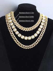 3pcs/Set Cuban Chain Layered Necklace Set,Hip Hop Punk Style Jewelry Set,Multi-Layer Plating,Perfect Street Dress Up For Cool People - A - View 10