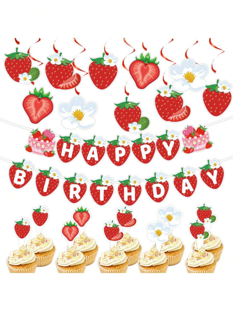 9/15件草莓主题生日派对用品,包括旗帜和装饰品,草莓蜂窝状桌饰 - 甜蜜浆果主题周岁生日及婴儿派对装饰,夏季水果派对用品,粉色和红色草莓图案,纸质材质 - 彩色 - 查看 1