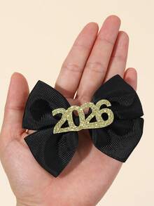 2pcs/Set 2026 Happy New Year Design Teen Girls Hair Bow Clips,Glitter 2026 Decor Black Fabric Headdress,Suitable For Teens New Year Festival Outfit Hair Accessories - Multicolor - View 5