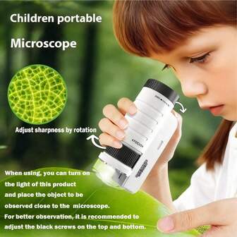 便携式手持式迷你显微镜，带 LED 灯，儿童角色扮演道具 - 放大倍数 60X-200X，非常适合户外探索和教育乐趣，ABS 材质，蓝色/黑色可选