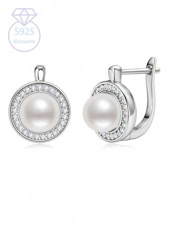 KAHOOT 925 Silver Vintage Pearl Earrings For Women, Light Luxury Round Moissanite Niche, High-End, Simple And Fashionable, High-End Design, European And American Light Luxury Niche, Suitable For Men To Give To Their Girlfriends For Proposal, Engagement, Wedding, Valentine's Day, Anniversary